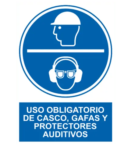 Señal / Cartel de Obligatorio casco gafas protectores auditivos
