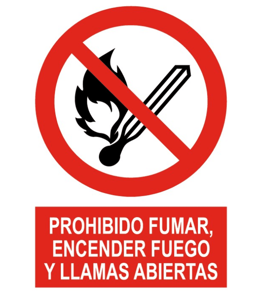 Señal prohibido fumar y encender fuego y pictograma