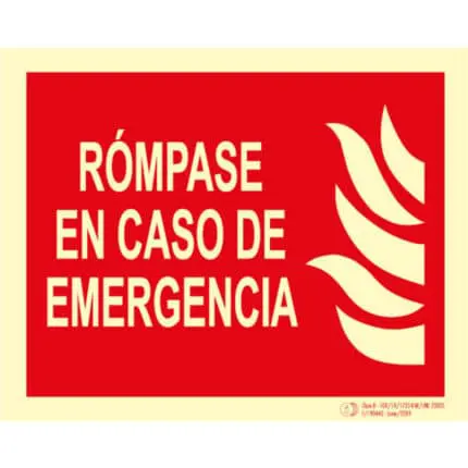 Señal / Cartel de Rómpase en caso de emergencia